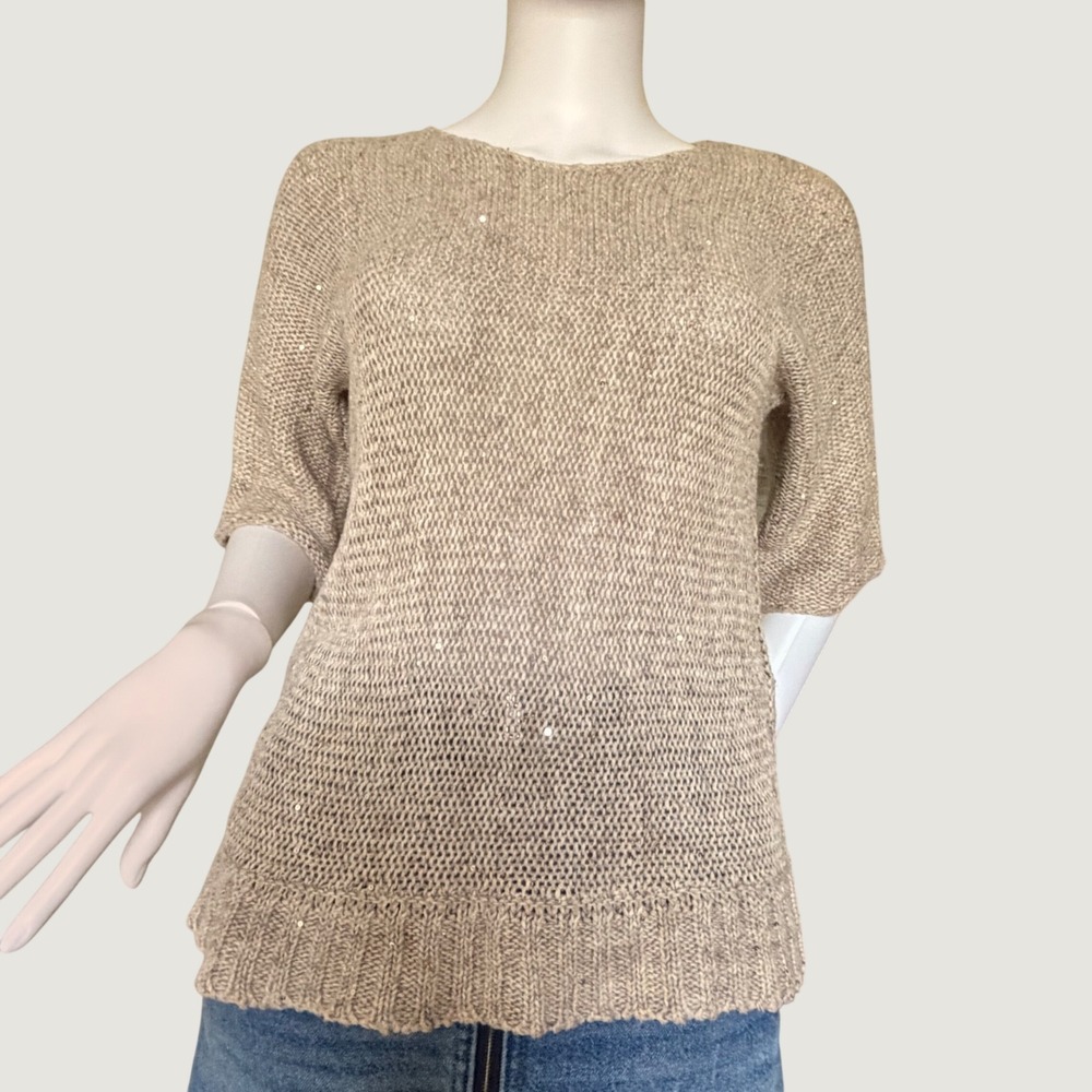 Peserico Womens Tricot Beige Sequin Open Knit Short Sleeve Sweater Italy Size 38